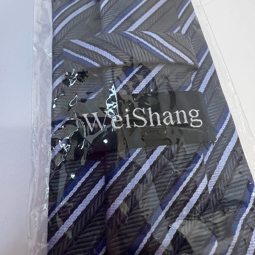 WeiShang Necktie Brand New In Package Gray Blue Silver Slanted Stripes
